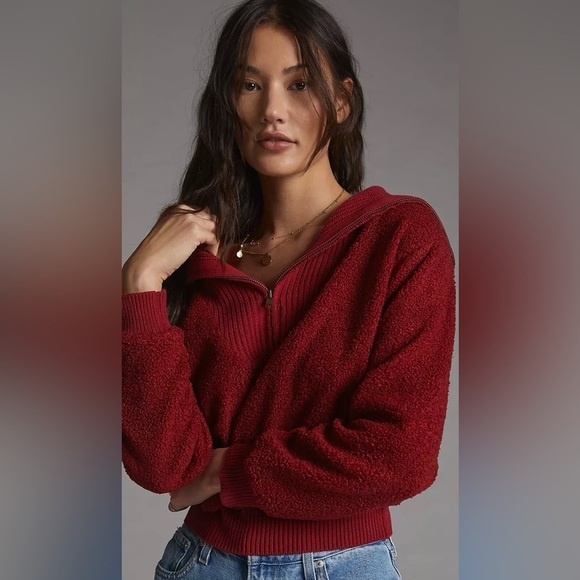Anthropologie Dolan Left Coast Sherpa Quarter-Zip Pullover Red Sweater NWT Sz S - Picture 1 of 12
